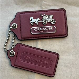 Coach Mauve Leather Double Hang Tag Keychain with Silver Horse & Carriage